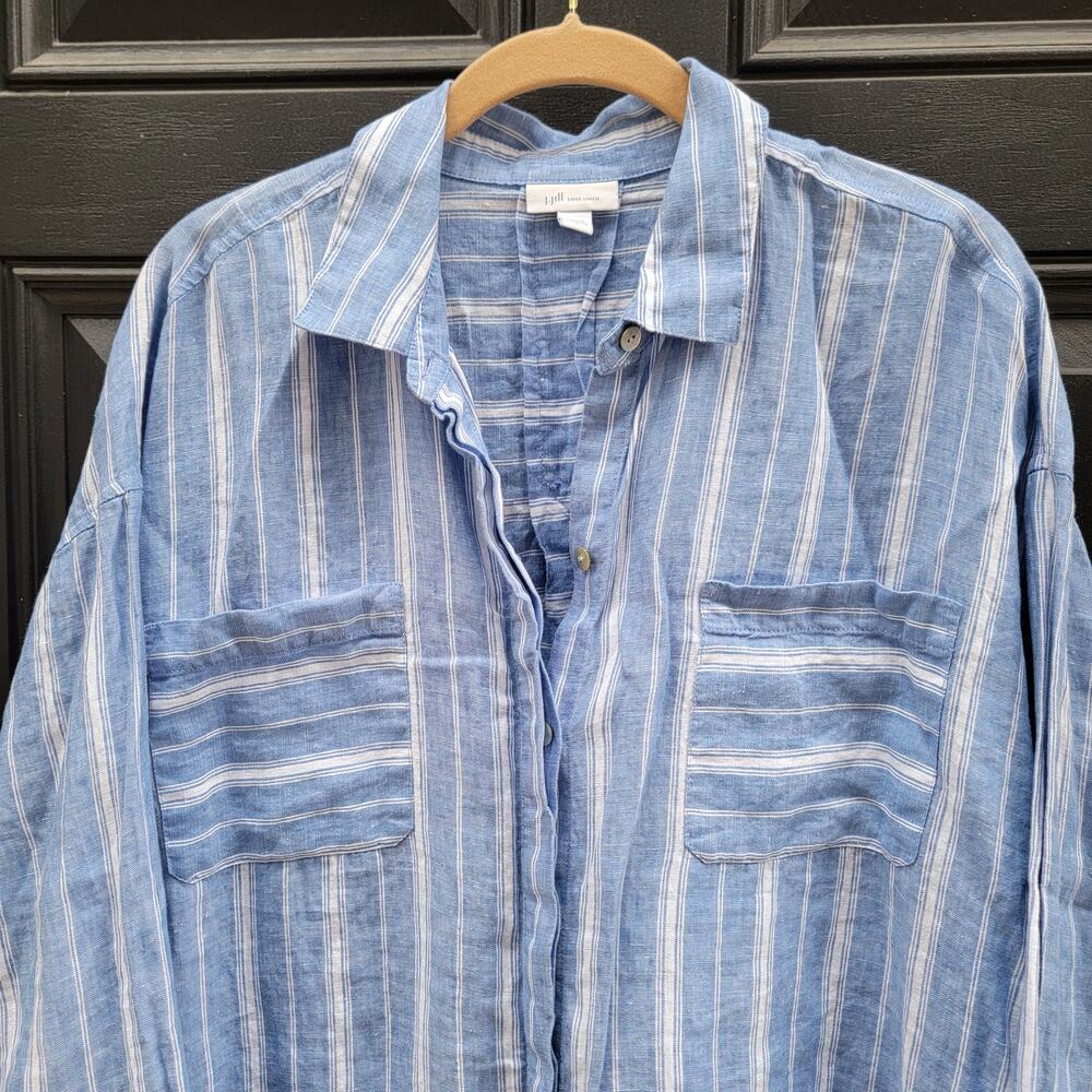 J Jill Love Linen Blue White Striped Long Sleeve Abalone Button Up Shirt Medium - Picture 4 of 4